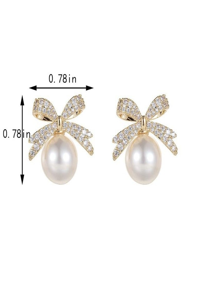 PLwelth Gold Bow Pearl Earrings for Women Sparkle Rhinestone Bow Stud Earrings Cute Bowknot Statement Wedding Earring Hypoallergenic Jewelry Gifts for Her Valentine’s Day Christmas Birthday - Image 4